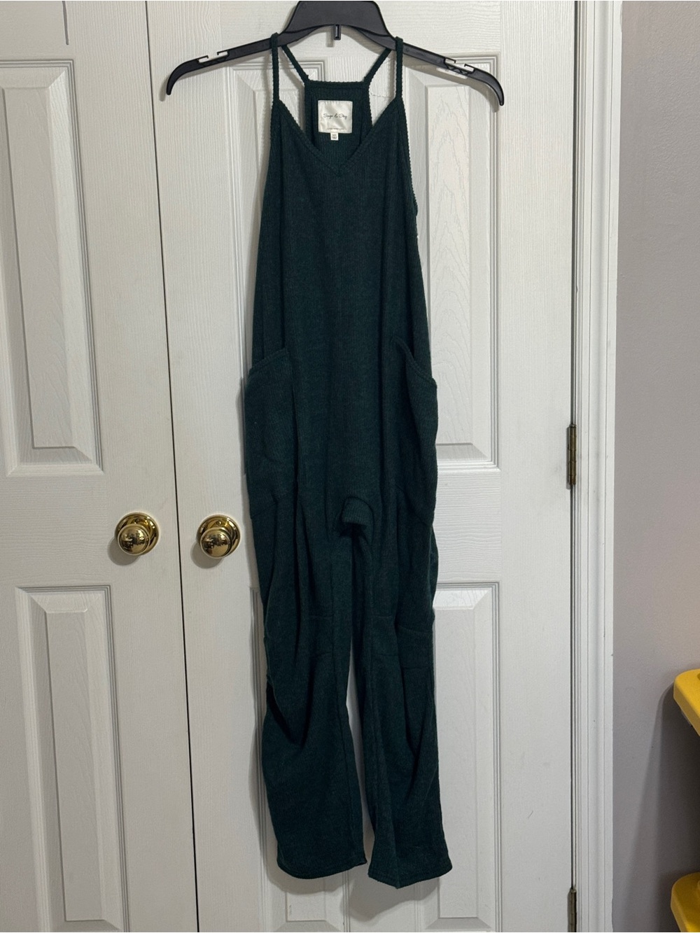 Sage & Sky Forest Green Ribbed Knit Overall Jumpsuit with Pockets XXS